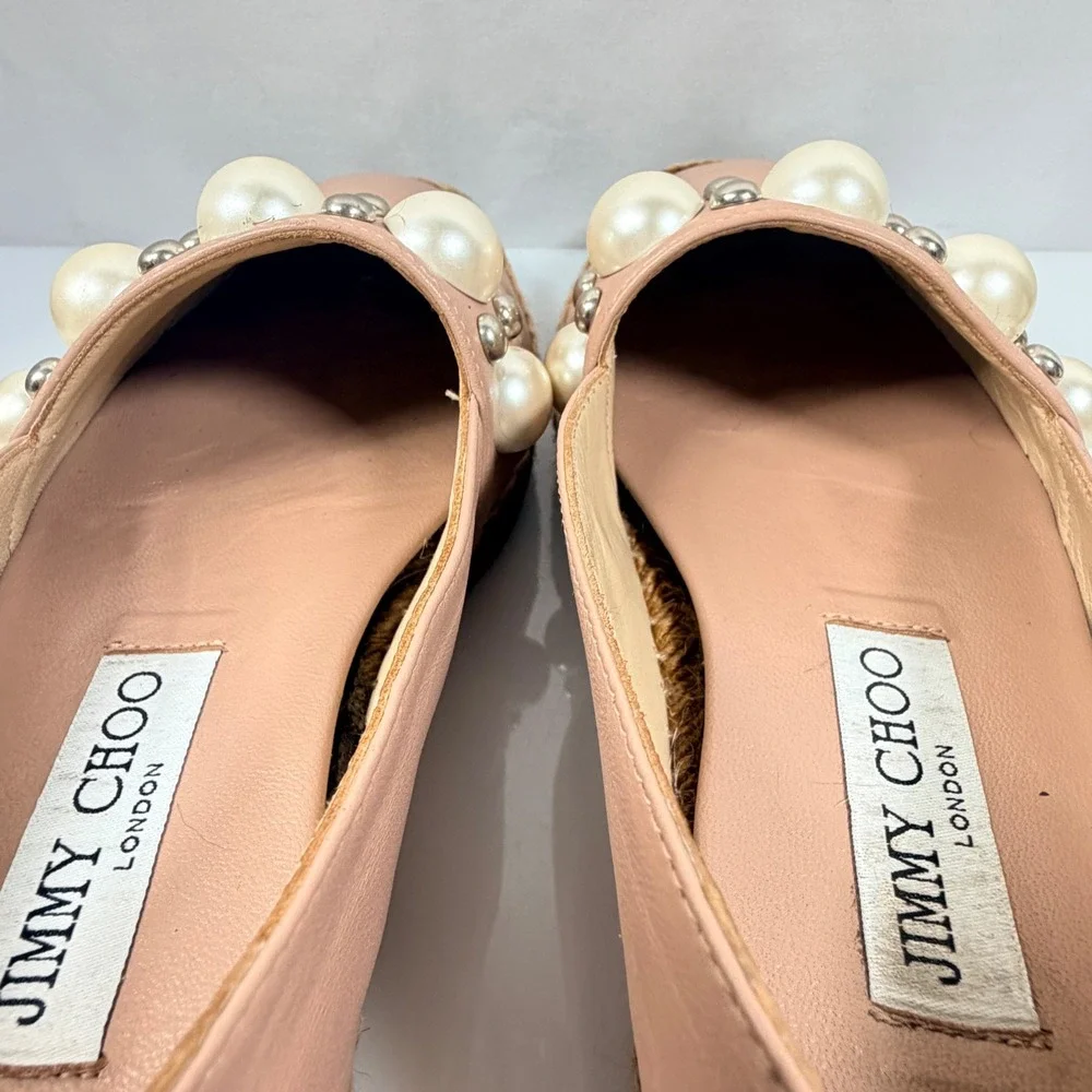 Jimmy Choo Blush Dru Leather Pearl Studded Espadrille Flats Pink Womens 36 6
